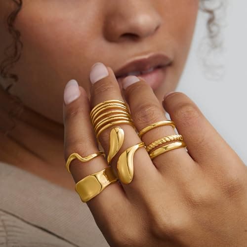 Yoosteel Chunky Gold Rings for Women - Hypoallergenic Dainty 14K Gold Plated Thick Stackable Open Finger Rings Set for Women Trendy Jewelry Gifts 12 PCS - Thumbnail 2