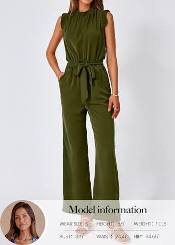 KIRUNDO Jumpsuits For Women Dressy Summer One Piece Sleeveless Ruffle Mock Neck Belt Pockets Formal Wide Leg Pants Romper(Army Green, Large) - Thumbnail 2