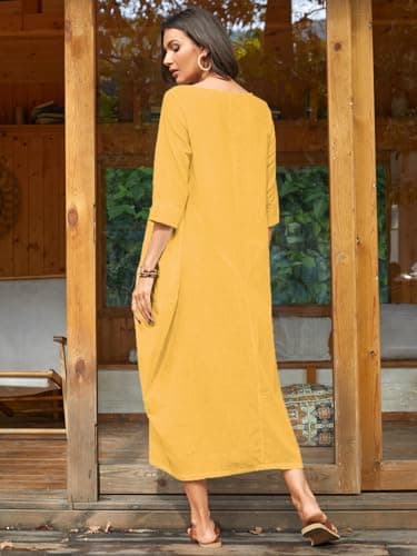 Celmia Women's Linen Dresses Caftans Cotton Kaftan Maxi Dress Loungewear with Pockets with Pockets Yellow Medium - Thumbnail 3