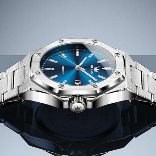 OLEVS Watch Men Luxury Silver Stainless Steel Dress Blue Face Waterproof Quartz Analog Watches for Men Large Octagonal Dial Luminous Minimalis Mens Watch Relojes para Hombres - Thumbnail 5