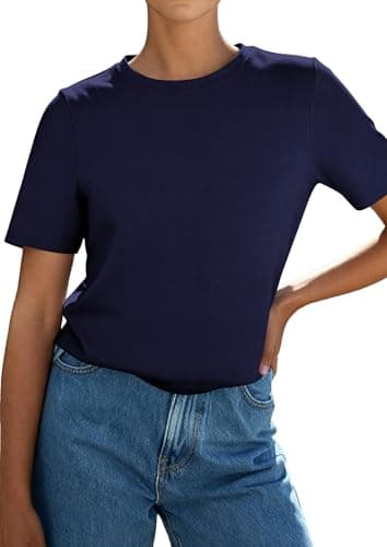 PRETTYGARDEN Womens Short Sleeve Tops Summer 2026 Casual Crewneck Cotton Basic Tee Shirts Fashion Clothing Spring Outfits(Navy,Medium) - Thumbnail 6