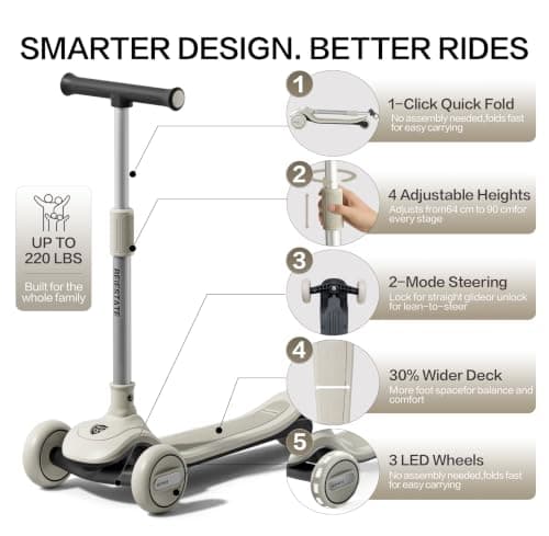 BEIESTATE 3 Wheel Scooter for Kids Ages 3-18, Up to 220 Lbs, Kids Scooter with Adjustable Lean-To-Steer Switch, Foldable, Lightweight, Wide Anti-Slip Deck, Adjustable Height Handlebar, Light-Up Wheels - Thumbnail 2