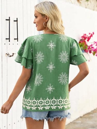 Bellcoco Womens Summer Boho Tops Short Sleeve Peplum Blouses V Neck Bohemian Shirt Tie Front Tunic Vacation Clothes Green Medium - Thumbnail 4