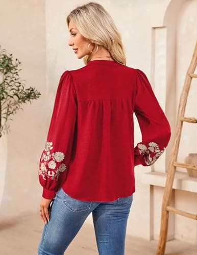 LOOKBOHO Peplum Blouses for Women Puff Long Sleeve Embroidered Boho Tops Tie Front V Neck Mexican Shirt Dressy Casual XL - Thumbnail 3