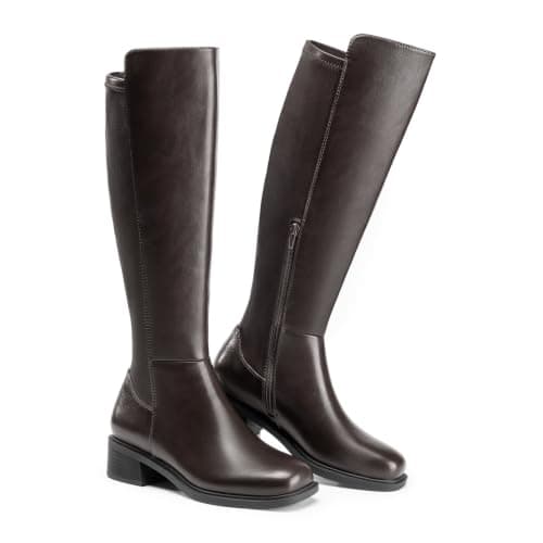 Athlefit Knee High Boots Women Square Toe Block Low Heel Stretch Leather Chocolate Brown Boots Fall Riding Shopping Long Tall Booties 7.5 - Thumbnail 6