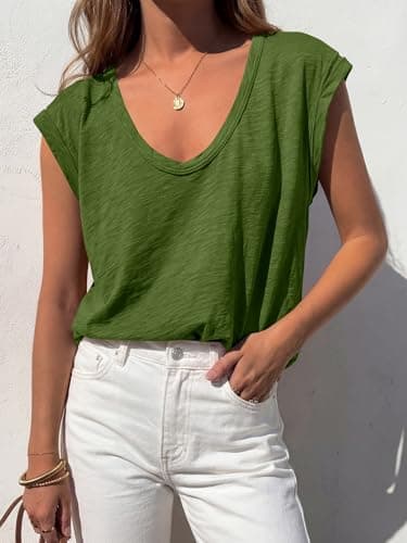 BTFBM Womens Tops Going Out Casual Oversized Summer Basic Tees 2026 V Neck T Shirts Trendy Blouse(Green,Medium) - Thumbnail 5
