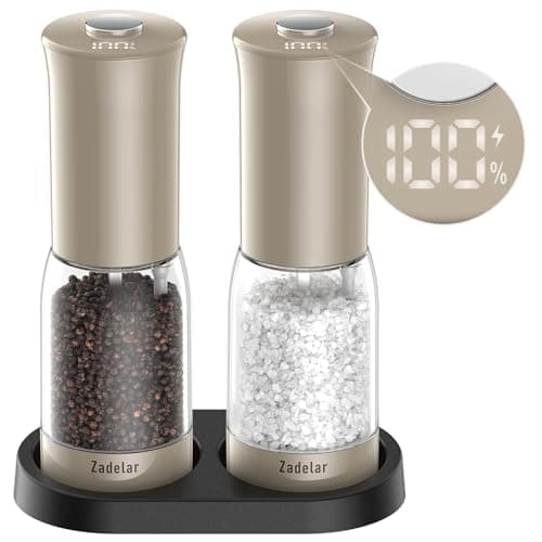 Electric Salt and Pepper Grinder Set with LED Power Display,Larger Capacity Salt and Pepper Shakers Set Rechargeable Electric with Flexible Coarsenes,LED Light,One Hand Operation for Kitchen(Khaki) - Image 1