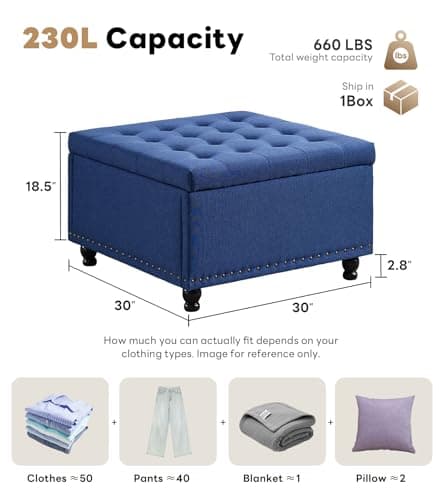 Tbfit Large Square Tufted Upholstered Ottoman and Coffee Table with Storage, Oversized Footrest Bench for Living Room Bedroom, Blue - Thumbnail 2