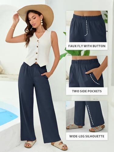 COPYLEAF Linen Pants Women Wide Leg Elastic Waist Flowy Palazzo Casual Pants with Pockets Beach Travel Trousers(Navy Blue XL) - Thumbnail 5