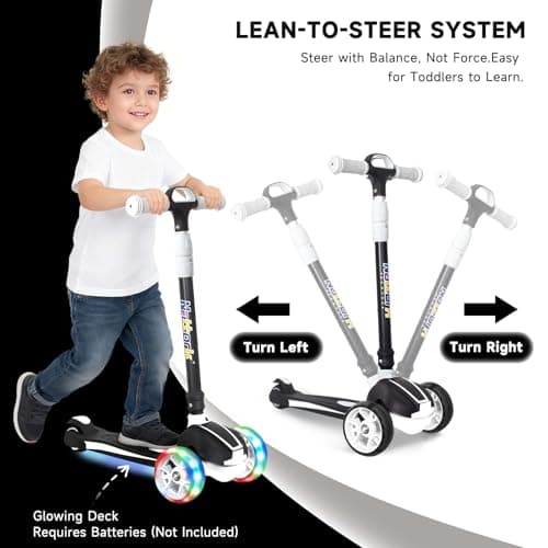 Nattork Kids Scooter for Age 3-5, Toddler Scooter with 4 Adjustable Height for Boys & Girls, Light Up 3-Wheels Foldable Kick Scoote, Lean to Steer, 120LB Weight Capacity Age 5-8 Black&White - Thumbnail 3