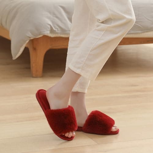 Parlovable Women's Faux Fur Slippers – Fluffy Open-Toe Memory Foam Slides with Anti-Slip Sole, Indoor & Outdoor House Shoes Burgundy 7-8 - Thumbnail 3