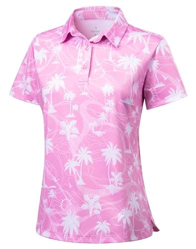 SANTINY Golf Polo Shirts for Women Short Sleeve Quick Dry 3 Buttons Collared Pickleball Shirt Summer Golf Tennis Tops (Pink Coconut Beach_S) - Image 1