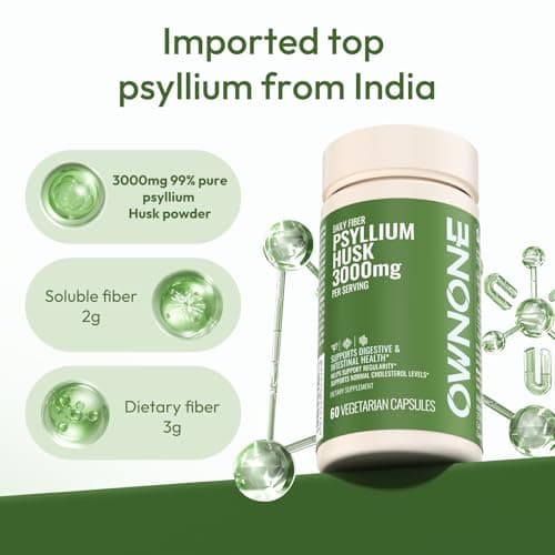 OWNONE Psyllium Husk Capsules, Natural Fiber Supplement for Women & Men, 3000mg Psyllium Husk Powder per Serving, Vegan Colon Cleanser, Fiber Capsules for Overall Digestive Health, Easing Constipation - Thumbnail 2