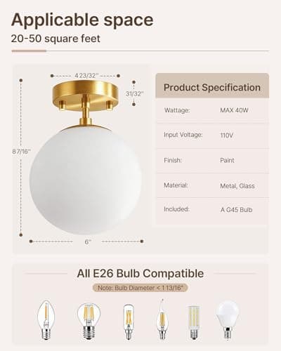 Majade Semi Flush Mount Ceiling Light 6" Globe Mid Century Modern Light Fixture Milk Glass with Gold Brass Finish Light Fixtures for Hallway Entryway Kitchen Island Closet Laundry Bathroom - Thumbnail 3