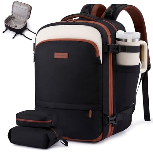 LOVEVOOK Carry On Backpack for Women & Men, Travel Backpack Carry On Flight Approved, 50L Personal Item Travel Bag, Business Weekender Overnight with Cup Holder & 2 Cubes, 18 Inch Black-beige-brown - Image 1