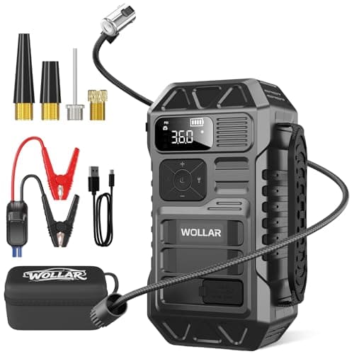 WOLLAR 3000A Jump Starter with Air Compressor - 160PSI Car Battery Jumper Starter Portable for up to 8L Gas & 7L Diesel, 12V Jump Box, 20000mAh Powerbank, Dual Flashlight, LED Display, Black