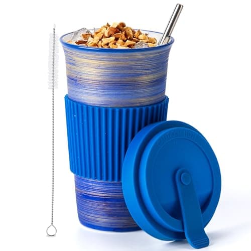 TIANNA VALLEY Ceramic Coffee Mug with Lid & Straw, 15oz Handmade Glazed Travel Mug, Microwave & Dishwasher Safe, Fits Most Car Cup Holders, Giftable Mug for Latte, Iced Coffee & Daily Warm Drinks - Image 1