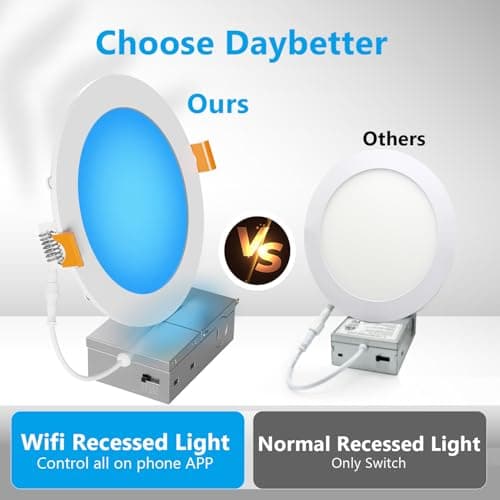 DAYBETTER Smart Recessed Lighting 6 Inch, Wi-Fi Connect RGBCW LED Downlight,Color Changing Tunable White (2700K-6500K), Ultra Thin Dimmable with Junction Box 4 Pack - Thumbnail 4