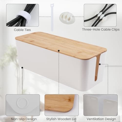 2 Pack Cable Management Box - Cord Organizer Box with Wooden Lid for TV Wires, Power Strips, Router, USB Hub & Under Desk Power: Baby & Pet Proof Cord Management, Cord Hider for Home & Office (White) - Thumbnail 4