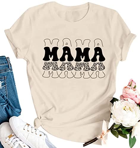 Mama Shirts for Women Leopard Mama Letter Printed T-Shirt Casual Short Sleeve Mom Tee Shirts Loose Fit - Image 1
