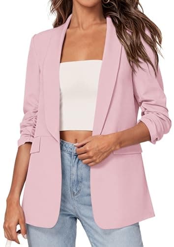 PRETTYGARDEN Women's 2026 Spring Blazers Business Casual Outfits Open Front Ruched 3/4 Sleeve Lightweight Work Suits Jackets (Pink,Medium) - Image 1