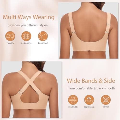 Ganado Wireless Bras for Women Full Coverage Mesh Seamless Supportive Comfortable Bras No Wire T Shirt Bra Padded Bralette (Beige, 3X-Large) - Thumbnail 2