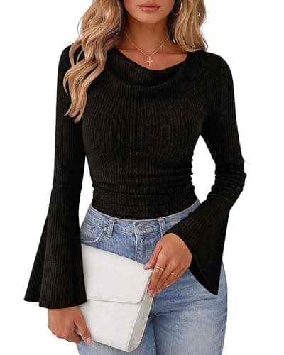 Lazysmile Women's Bell Sleeve Cowl Neck Ribbed Knit Shirts 2042 Ruched Trendy Going Out Tops Casual T Shirt Black - Image 1