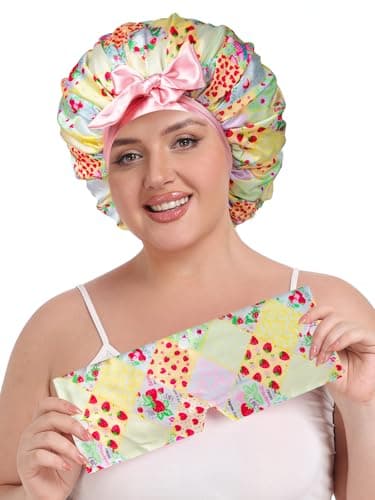 Vettres Double Layer Satin Bonnet for Sleeping with Detachable Eye Mask Adjustable Night Cap for Curly, Natural, Braided Hair Reduces Frizz & Locks in Moisture Yellow Strawberry - Thumbnail 4
