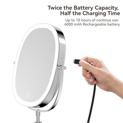 DeLanges 9″ Makeup Mirror with Lights, 7X Magnification, Height Adjustable Vanity Mirror, Rechargeable 3 Color Lighting Mode, 360° Swivel Double Sided Magnifying Mirror, Chrome, Gift for Women - Thumbnail 6