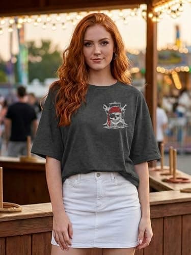 Pirate Shirt Women Vintage Graphic Oversized Skeleton Shirt Funny Casual Skull Short Sleeve Top - Thumbnail 2