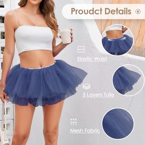 Women 5 Layers Tutu Fluffy Dance Ballet Bubble Skirt Puffy Elastic Tulle Short Skirts Halloween Christmas Costume Dark Blue - Thumbnail 3