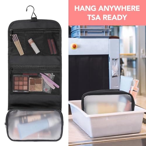 Idcymoul Travel Toiletry Bag 5-Piece Kit, Hanging Toiletries Bag+TSA Approved Cosmetic Bag+Jewelry Bag+ Brush Bag+Cable Bag, Professional Travel Essentials Accessories Organizer for Women- Black - Thumbnail 5