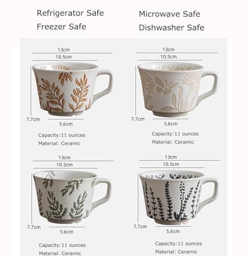 Ceramic Mug, 11oz - Vintage Cups Mug for Coffee Milk Latte Cappuccino Tea, Porcelain Cups Dishwasher Microwave Freezer Safe Stoneware 1 PCS Black Leaf Cup - Thumbnail 3