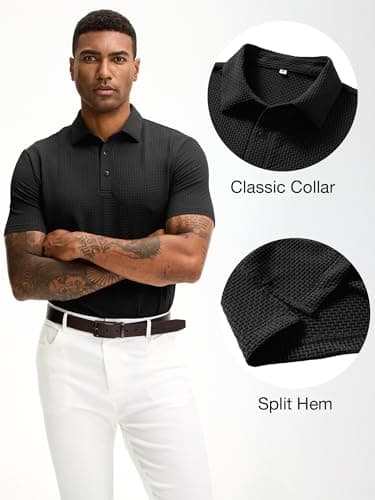 JEMLDL Men's Jacquard Polo Wrinkle Free Stretch Business Golf Polo Shirts Collared Short Sleeve Moisture Wicking Shirts Black L - Thumbnail 6