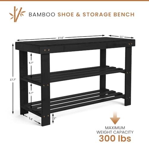 Leaf & Grain Bamboo Shoe Rack - Shoe Storage Bench for Front Door Entrance – Entryway Bench with Shoe Shelf, Shoe Storage Organizer, Wooden Shoe Rack, Durable Shoe Bench for Home (Black) - Thumbnail 3