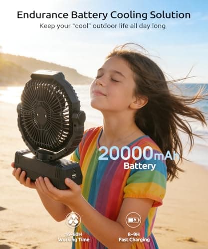KopBeau Portable Camping Fan with Lights, 20000mAh Rechargeable Battery Operated Fan, Battery Powered Outdoor Beach Tent with 4 Speeds & Hook, Personal USB Table for Camping Accessories - Thumbnail 3