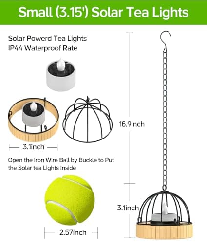KOOPER Hanging Solar Lanterns Outdoor Waterproof, 4 Pack Flickering Solar Powered Tea Lights, Rust Iron Ball Candle Holder Hanging Solar Lights for Backyard Garden Patio Yard Fence Tree Decoration - Thumbnail 2
