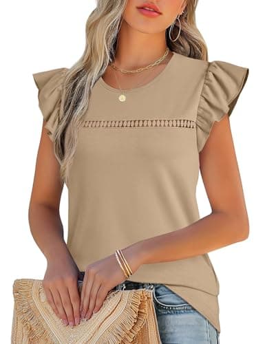 JUSTFASHIONNOW Womens Ruffle Short Sleeve Tops Cute Summer Shirts Business Dressy Casual Crew Neck Blouses 2026 Fashion Outfits(Khaki,Large) - Thumbnail 2
