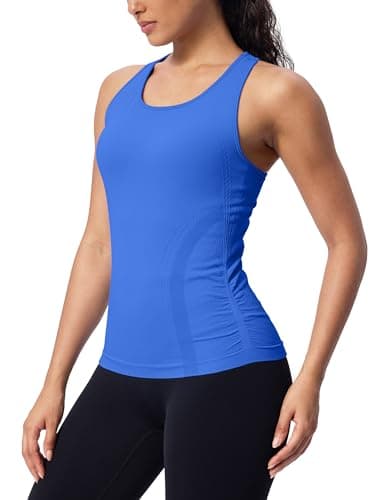 Women's Seamless Racerback Tank Top, Crew Neck Workout Yoga Padded Athletic Shirts Lake Blue - Thumbnail 4