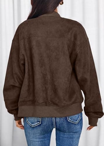 Lazysmile Women's Faux Suede Bomber Jackets Fall Fashion Outfits Winter Clothes Stand Collar Zip Up Coats Outwear with Pockets - Thumbnail 2