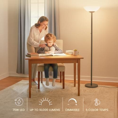Modern Floor Superlamp 10000 Lumen - LED 75W, Dimmable 5 Changing Color, 85 CRI All Around Light, Tall Corner Standing Lamp with Cement Base and Acrylic Shade, Glare Free UpLight Kit Ready - White - Thumbnail 3