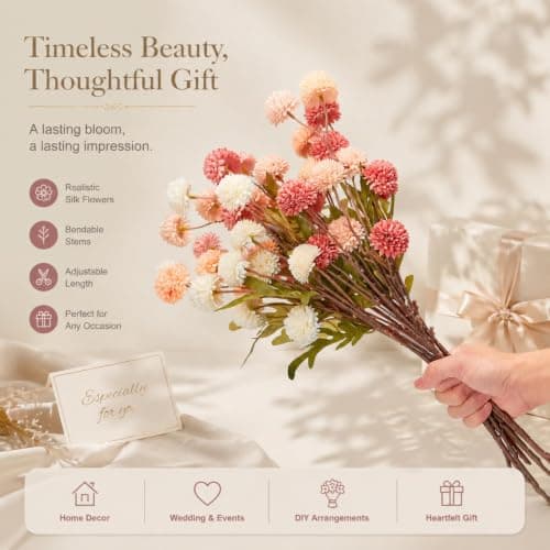 ZMTECH Artificial Flowers for Vase - Mixed Pink Silk Mums 12 Long Stems with Eucalyptus, Faux Flowers Home Decor, Fake Chrysanthemum Pom Pom Stems, Spring Fall Centerpiec(Without Vase) - Thumbnail 5