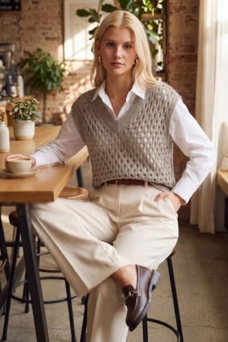 Arach&Cloz Women's Cashmere Wool Blend Knit V-Neck Loose Sleeveless Pullover Crochet Cap Hollow Out Dressy Casual Travel Vacation Beach Cover Up Sweater Vests Top Fall Summer Brown L - Thumbnail 6