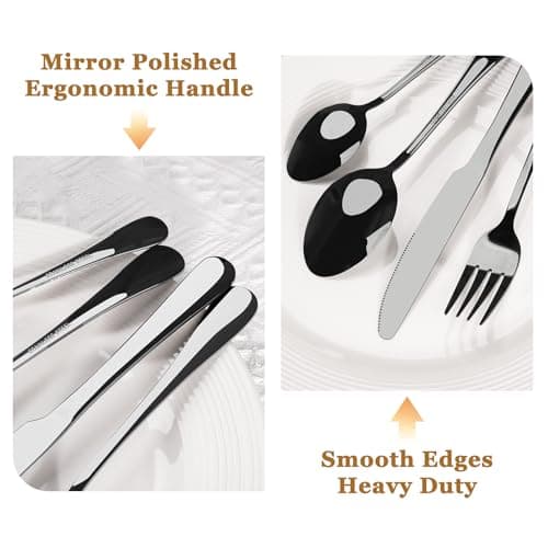 Astercook 24-Piece Black Silverware Set with Steak Knives Flatware Set for 4 Food-Grade Stainless Steel Cutlery Set Mirror Polished Utensils Set Include Spoons and Forks for Home Kitchen Restaurant - Thumbnail 4