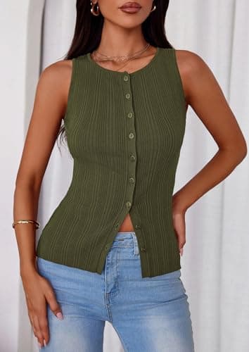 PRETTYGARDEN Sleeveless Button Down Shirts for Women Summer 2026 Going Out Ribbed Knit Tank Tops Y2K Clothes Trendy Vest Tops(Army Green,Small) - Thumbnail 2