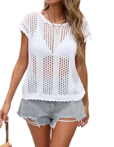 BreathSunny Womens Crochet Knit Top Swimsuit Coverup Summer 2026 Crew Neck Hollow Out Cap Sleeve Mesh Shirt Swimwear Beach Swim Bikini Bathing Suit Cover Up for Women White S - Image 1