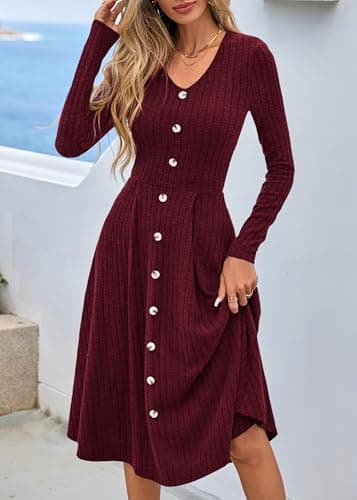 Lazysmile Long Sleeve Fall Winter Dresses for Women V Neck Button Down A Line Swing Casual Knit Sweater Dress Wine Red - Thumbnail 4