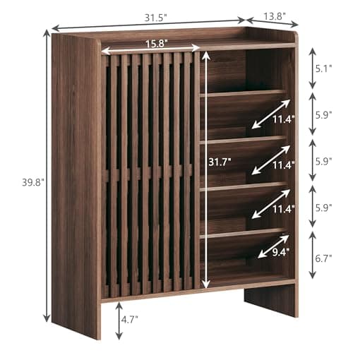 HUAHUU Shoe Cabinet with Sliding Slatted Doors, 5-Tier Shoe Storage Cabinet with Adjustable Shelf, Modern Wooden Shoe Organizer Cabinet for Entryway, Hallway, Living Room, Walnut - Thumbnail 2