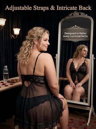 AOOXOOA Women's Babydoll Lingerie Set with G-String, Black, XL - Thumbnail 4