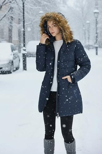 Orolay Winter Coats Women Long Puffer Jacket Windproof Warm Down Coat Parka with Faux Fur Hood, Navyblue, Large - Thumbnail 2